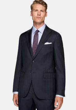 Costume Bleu Marine À Fines Rayures En Pure Laine